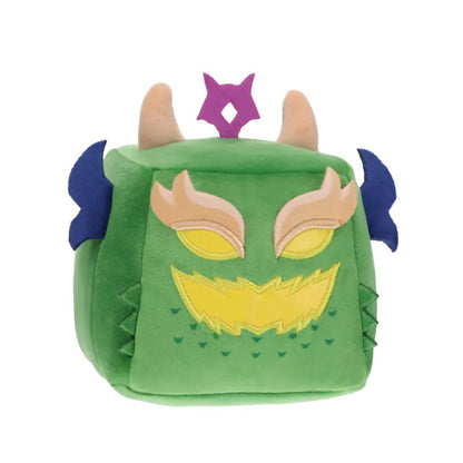 Green plush toy with a face design on a white background