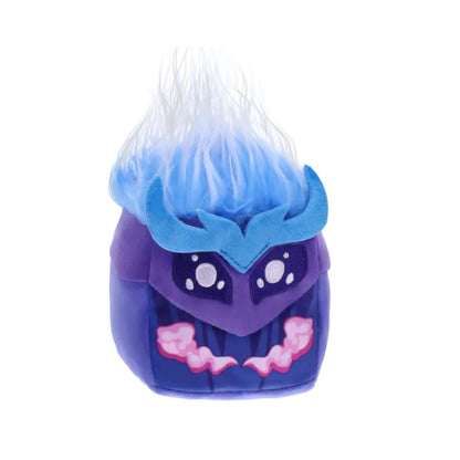 Toy figure with blue hair and purple face on a white background