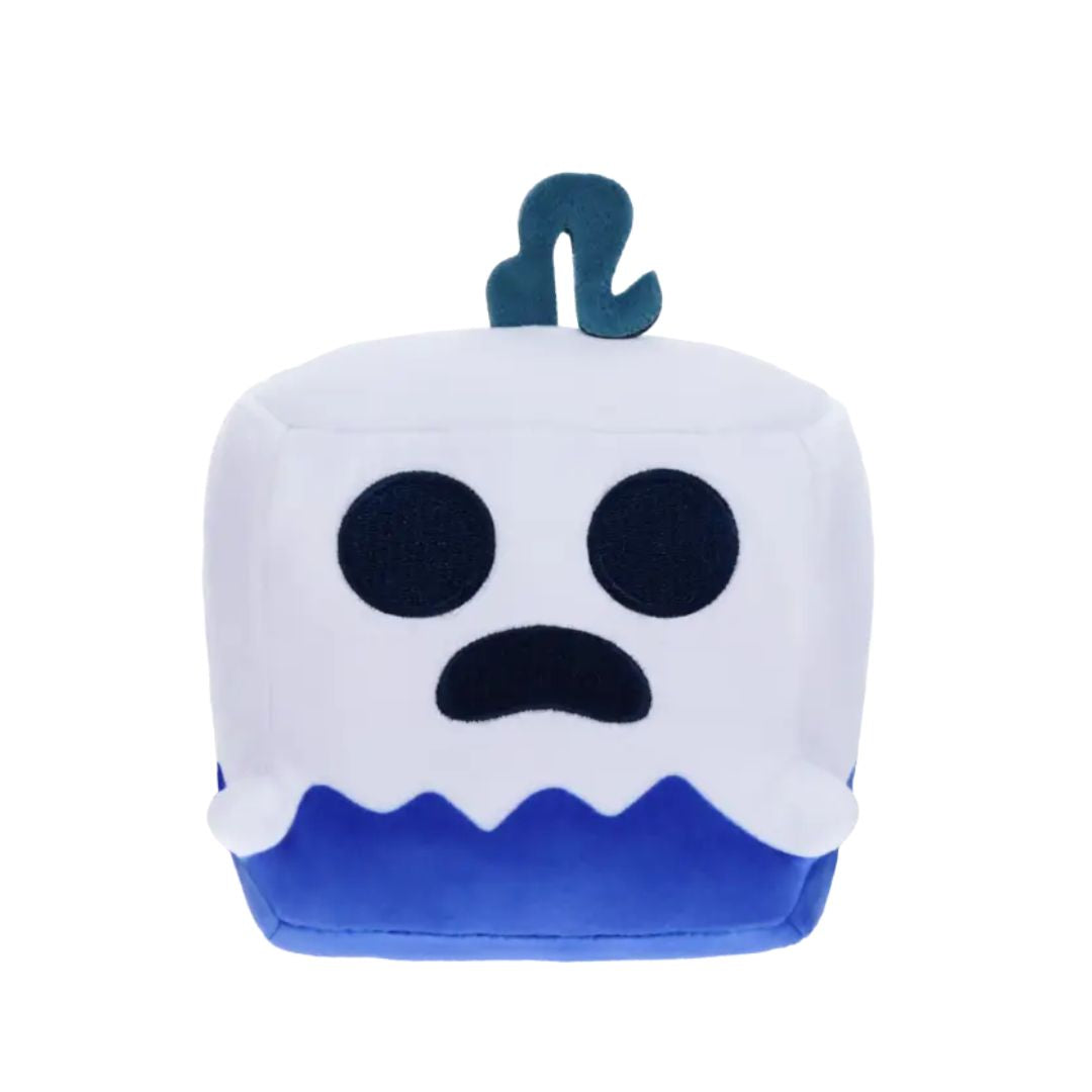 Blue and white ghost-like plush toy with a sad expression on a white background