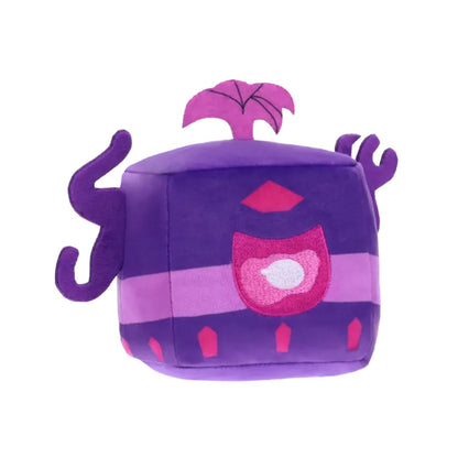 Purple and pink plush toy with a cartoonish design on a white background