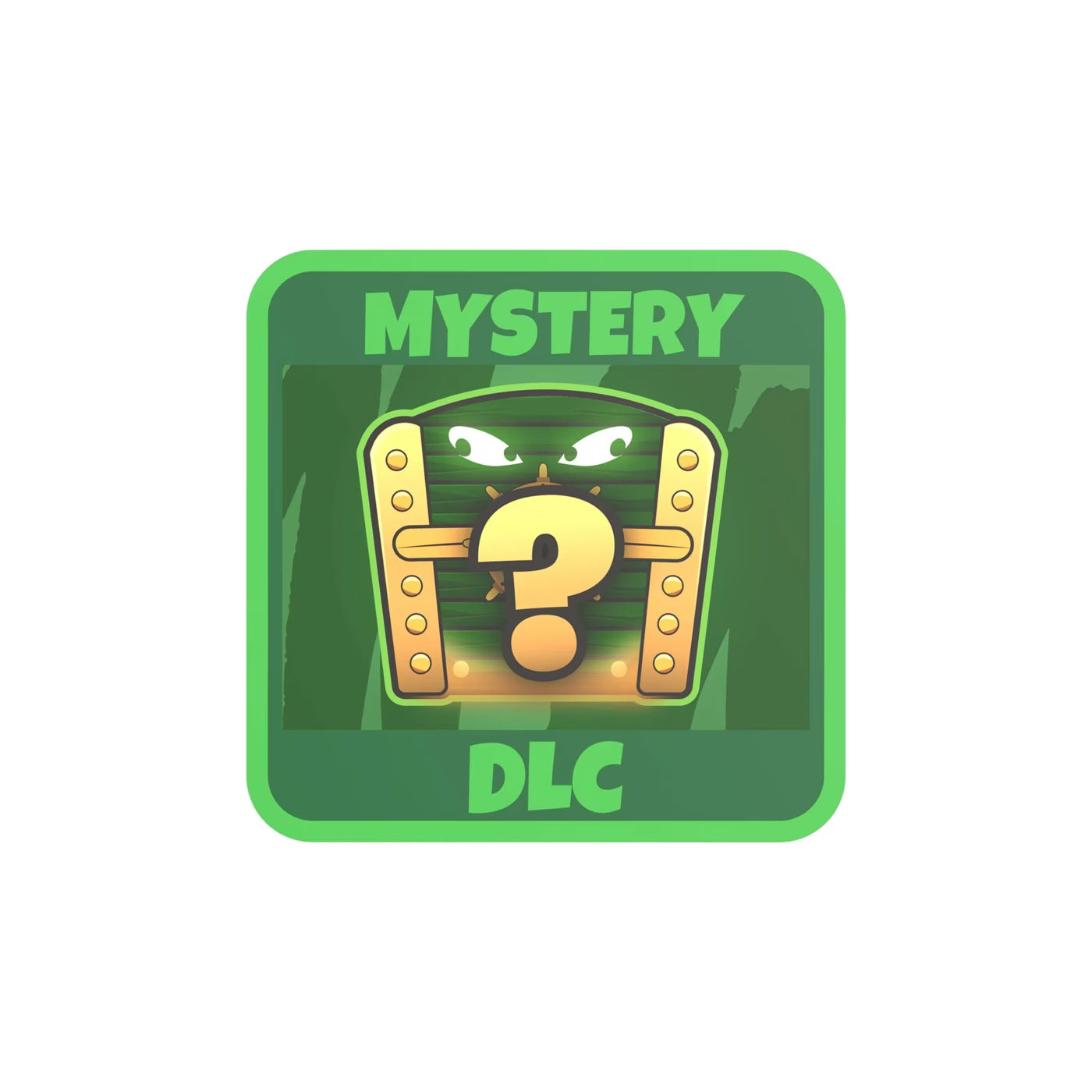 Green mystery DLC badge with a question mark on a white background