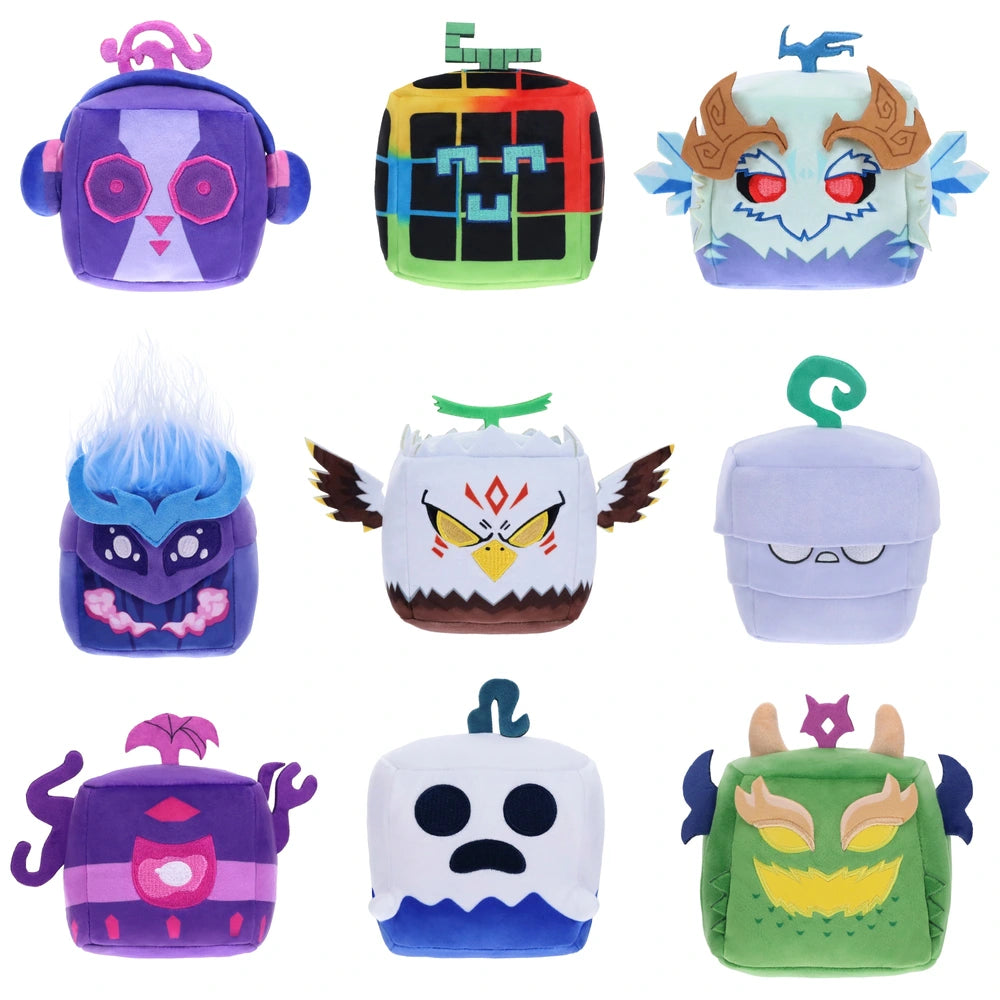 Assortment of nine different Blox Fruits Series 3 4-inch mystery plush toys, including the Yeti, Sound, Gas, and Western Dragon fruits.