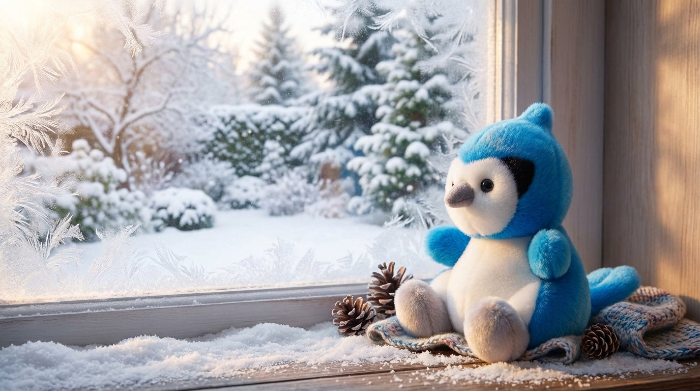 Blue and white plush toy on a windowsill with a snowy outdoor scene