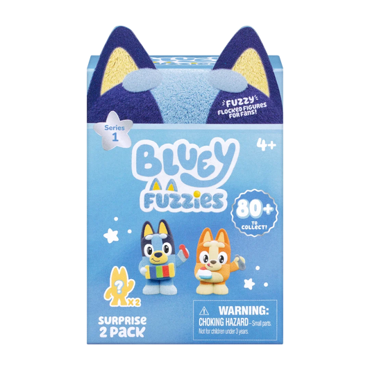 Bluey Fuzzies toy packaging with two characters on a blue background