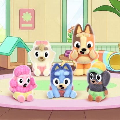 Bluey Fuzzies Series 1 Surprise 2-Pack box and flocked mini figures of Bluey and Bingo.