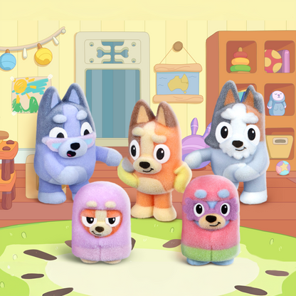 Bluey Fuzzies Series 1 Surprise 2-Pack box and flocked mini figures of Bluey and Bingo.