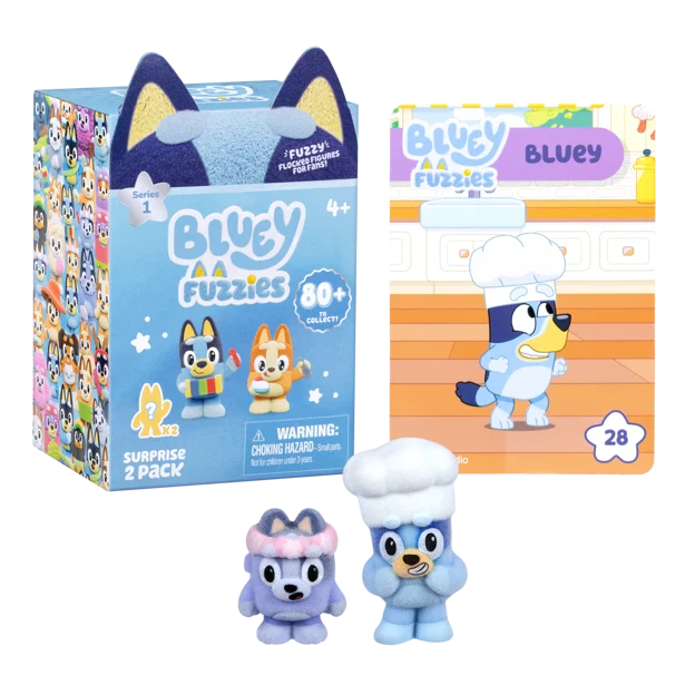 Bluey Fuzzies Series 1 Surprise 2-Pack box and flocked mini figures of Bluey and Bingo.