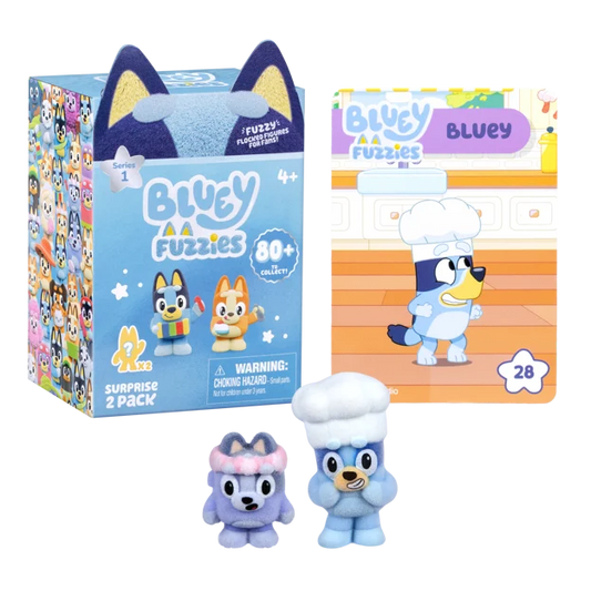 Bluey Fuzzies Series 1 Surprise 2-Pack box and flocked mini figures of Bluey and Bingo.