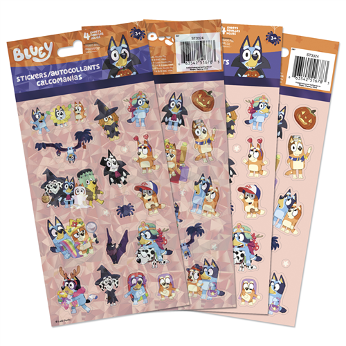 Bluey Halloween 4-sheet sticker pack featuring Bluey, Bingo, Bandit, and Chilli in cute spooky costumes