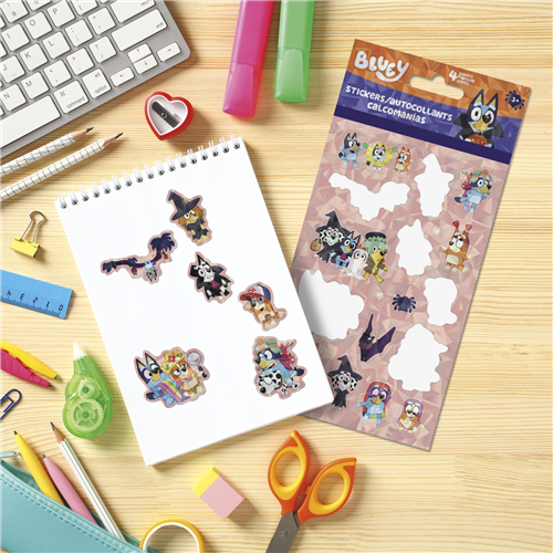 Bluey Halloween 4-sheet sticker pack featuring Bluey, Bingo, Bandit, and Chilli in cute spooky costumes