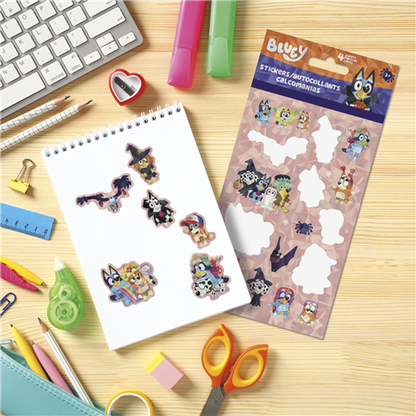 Bluey Halloween 4-sheet sticker pack featuring Bluey, Bingo, Bandit, and Chilli in cute spooky costumes