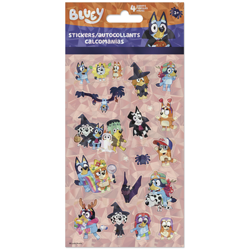 Bluey Halloween 4-sheet sticker pack featuring Bluey, Bingo, Bandit, and Chilli in cute spooky costumes