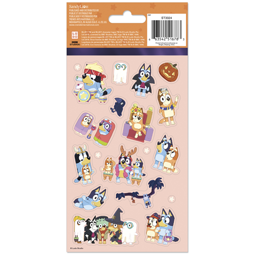 Bluey Halloween 4-sheet sticker pack featuring Bluey, Bingo, Bandit, and Chilli in cute spooky costumes