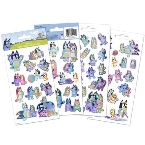 Bluey holographic 4-sheet sticker pack featuring shiny stickers of Bluey, Bingo, Bandit, and Chilli