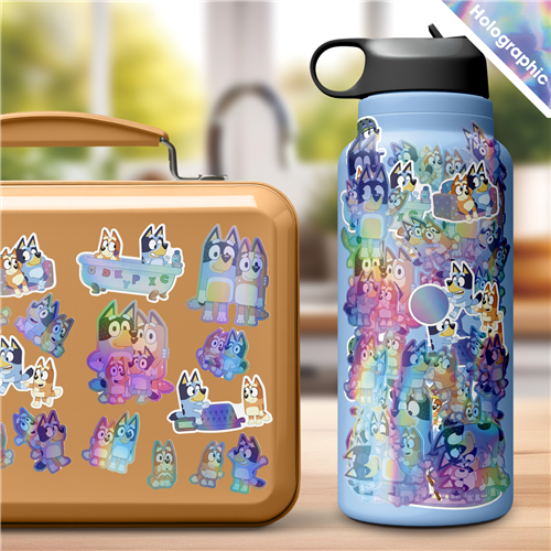 Bluey holographic 4-sheet sticker pack featuring shiny stickers of Bluey, Bingo, Bandit, and Chilli