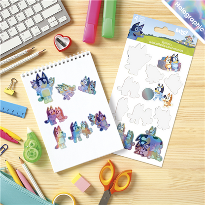 Bluey holographic 4-sheet sticker pack featuring shiny stickers of Bluey, Bingo, Bandit, and Chilli
