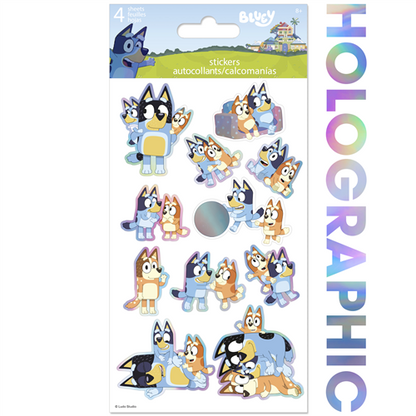 Bluey holographic 4-sheet sticker pack featuring shiny stickers of Bluey, Bingo, Bandit, and Chilli