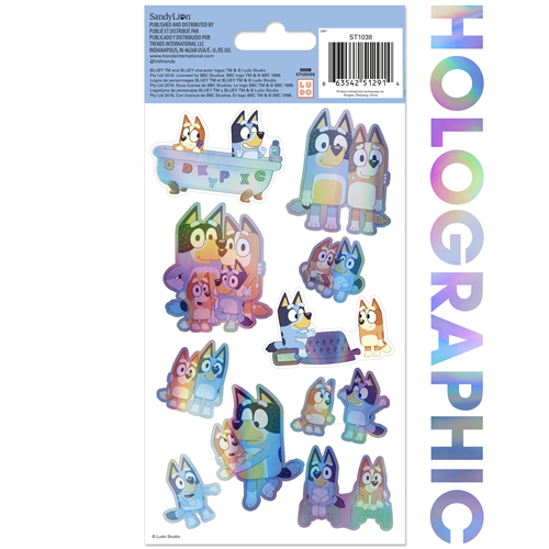 Bluey holographic 4-sheet sticker pack featuring shiny stickers of Bluey, Bingo, Bandit, and Chilli