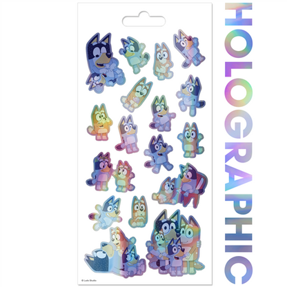 Bluey holographic 4-sheet sticker pack featuring shiny stickers of Bluey, Bingo, Bandit, and Chilli
