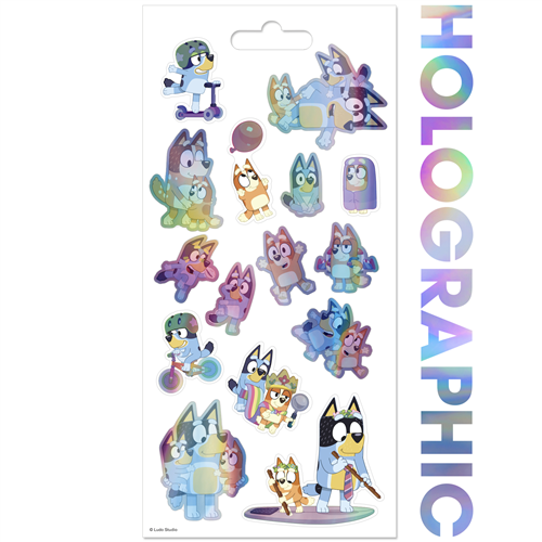 Bluey holographic 4-sheet sticker pack featuring shiny stickers of Bluey, Bingo, Bandit, and Chilli