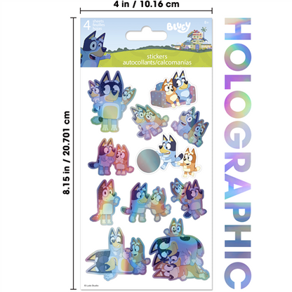 Bluey holographic 4-sheet sticker pack featuring shiny stickers of Bluey, Bingo, Bandit, and Chilli