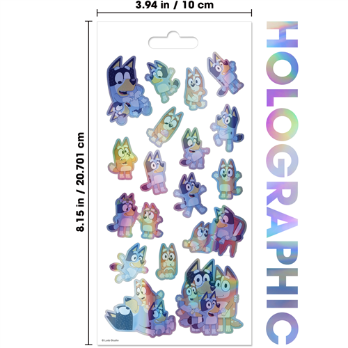 Bluey holographic 4-sheet sticker pack featuring shiny stickers of Bluey, Bingo, Bandit, and Chilli