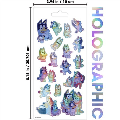 Bluey holographic 4-sheet sticker pack featuring shiny stickers of Bluey, Bingo, Bandit, and Chilli