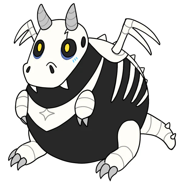 Black and white cartoon creature of Squishable Bone Dragon with horns and yellow eyes on a white background