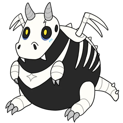 Black and white cartoon creature of Squishable Bone Dragon with horns and yellow eyes on a white background