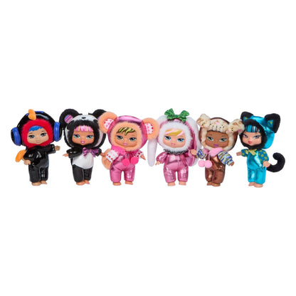 Six small fashion dolls standing side by side on a plain white background, each wearing a different colorful costume and headwear.