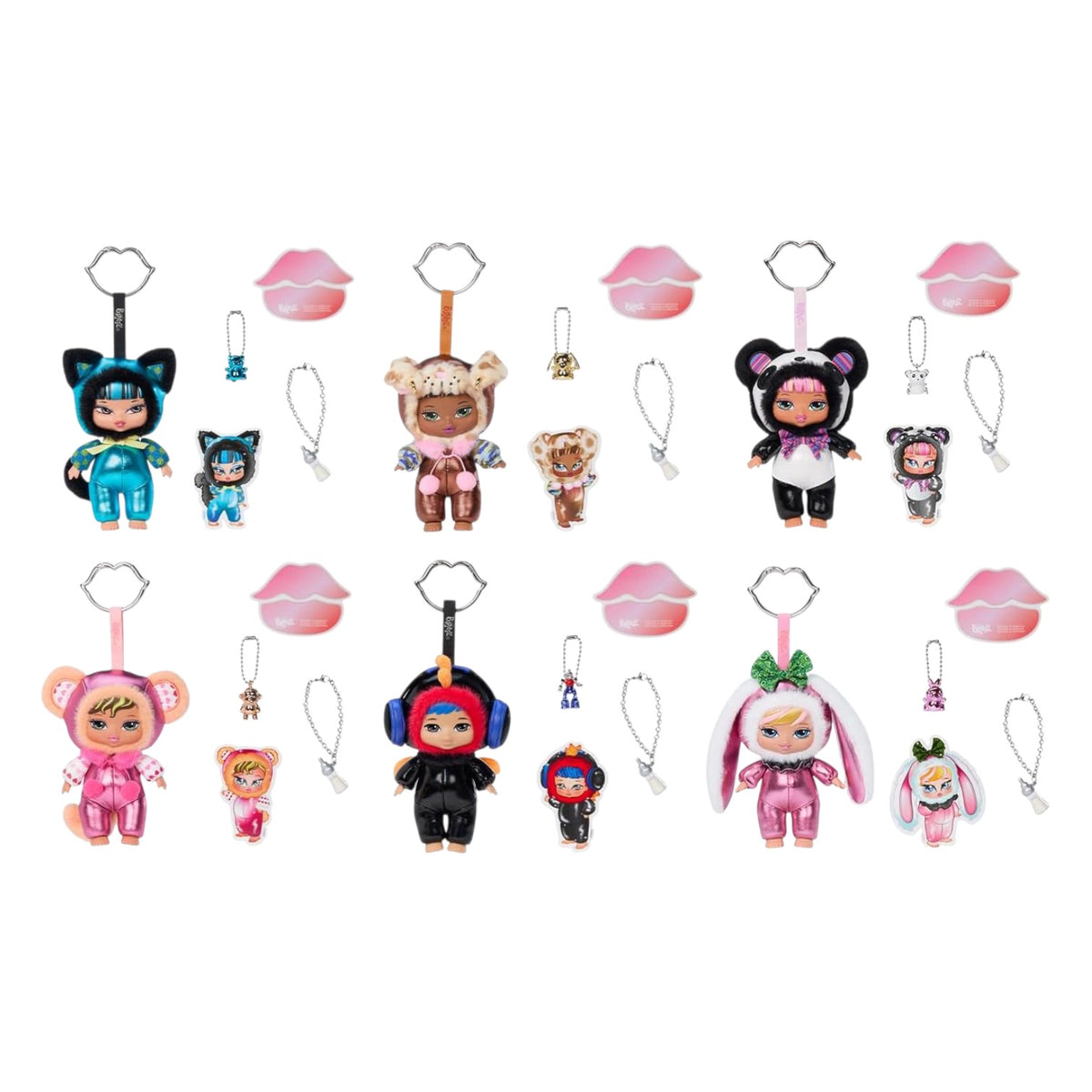A set of small character keychain charms with attached metal key rings, arranged on a plain white background. The collection includes multiple cartoon-style figures in colorful outfits, pink lips keychains, and small accessory charms.