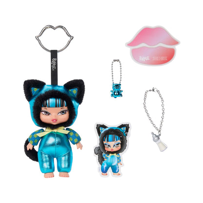 A doll keychain set on a plain white background, featuring a large blue cat-ear doll keychain with a black strap, a smaller doll charm, a lip-shaped card, and a silver chain with a small white pendant.