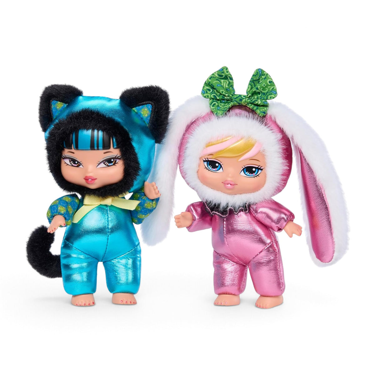 Bratz Bratziez Tokyo a Go-Go Seriez plush toys featuring a character in a metallic blue kitty suit and another in a metallic pink bunny suit.