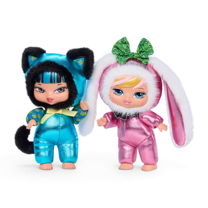 Bratz Bratziez Tokyo a Go-Go Seriez plush toys featuring a character in a metallic blue kitty suit and another in a metallic pink bunny suit.