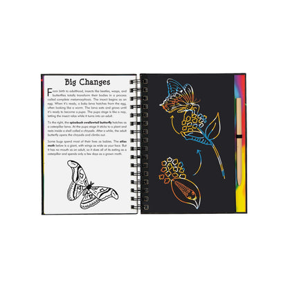 Bugs! Scratch and Sketch art activity book featuring a wooden stylus and black scratch-off pages revealing colorful patterns of butterflies and insects.