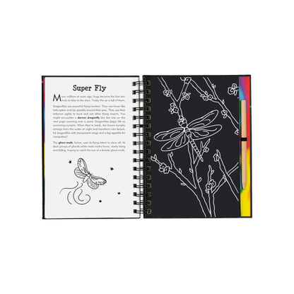 Bugs! Scratch and Sketch art activity book featuring a wooden stylus and black scratch-off pages revealing colorful patterns of butterflies and insects.