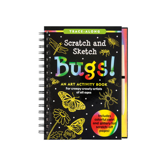 Bugs! Scratch and Sketch art activity book featuring a wooden stylus and black scratch-off pages revealing colorful patterns of butterflies and insects.