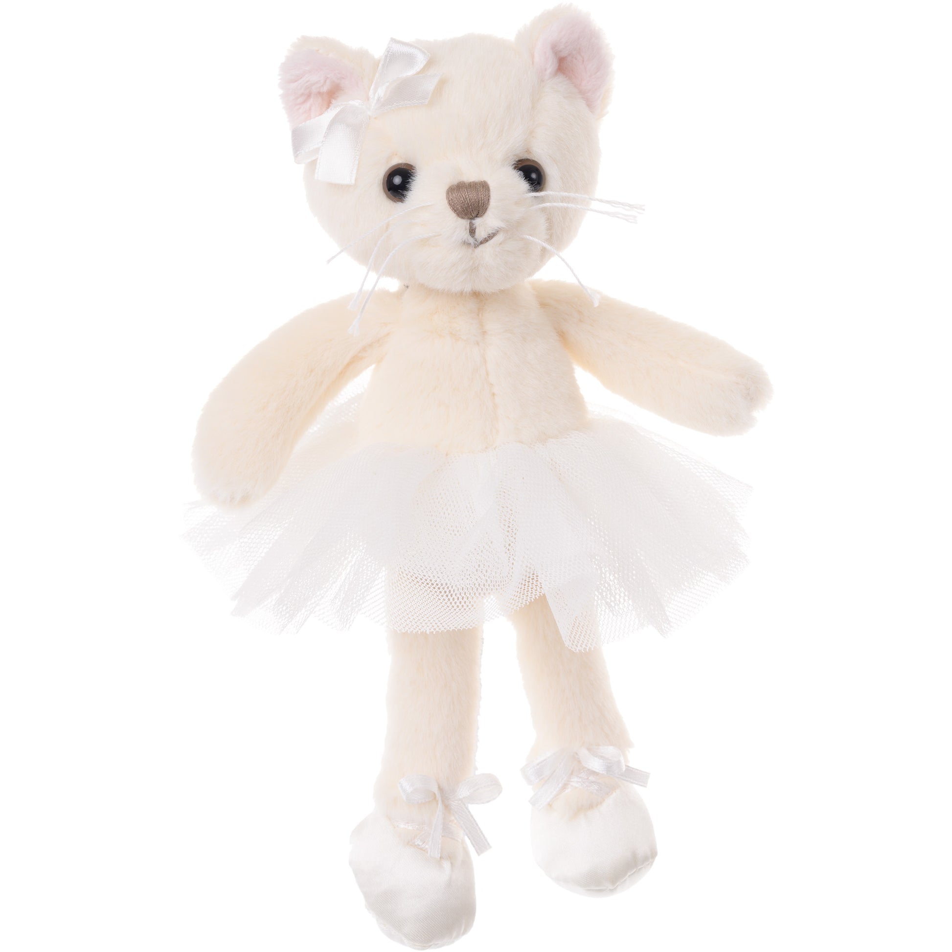 Bukowski Bears Anya ballerina cat plush featuring soft cream-colored fur, a fluffy white tutu, a delicate hair bow, and ballet shoes.