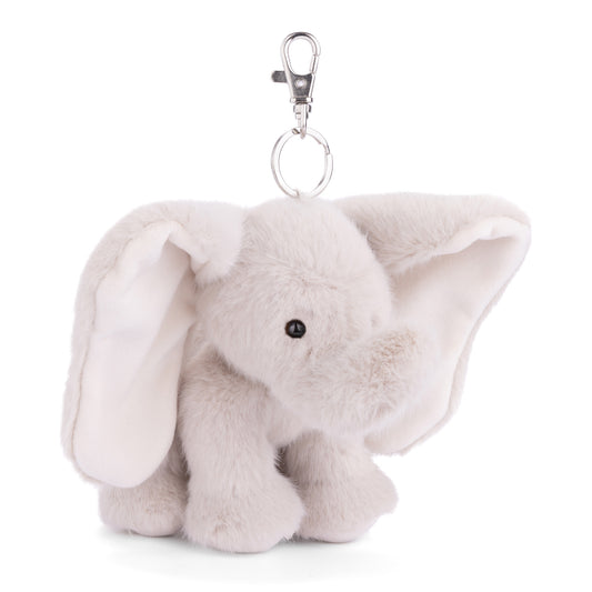 Bukowski Bears August elephant plush bag charm featuring soft light grey fur, oversized floppy ears, and a sturdy metal clasp.