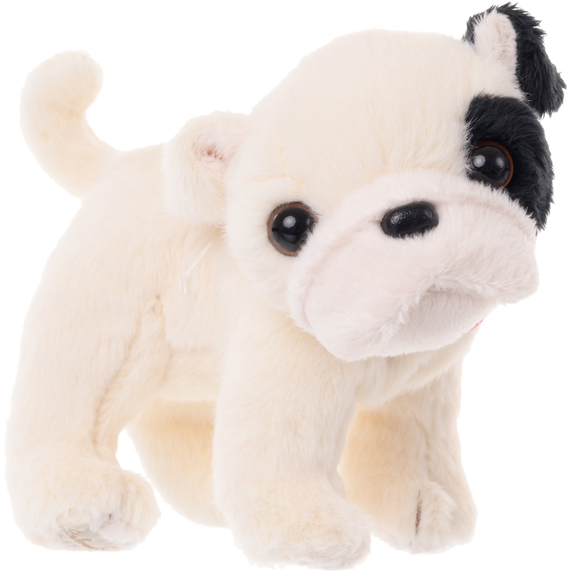 Bukowski Bears Baby Gentleman bulldog puppy plush featuring soft white fur, a black spot over one eye, and a plaid collar.