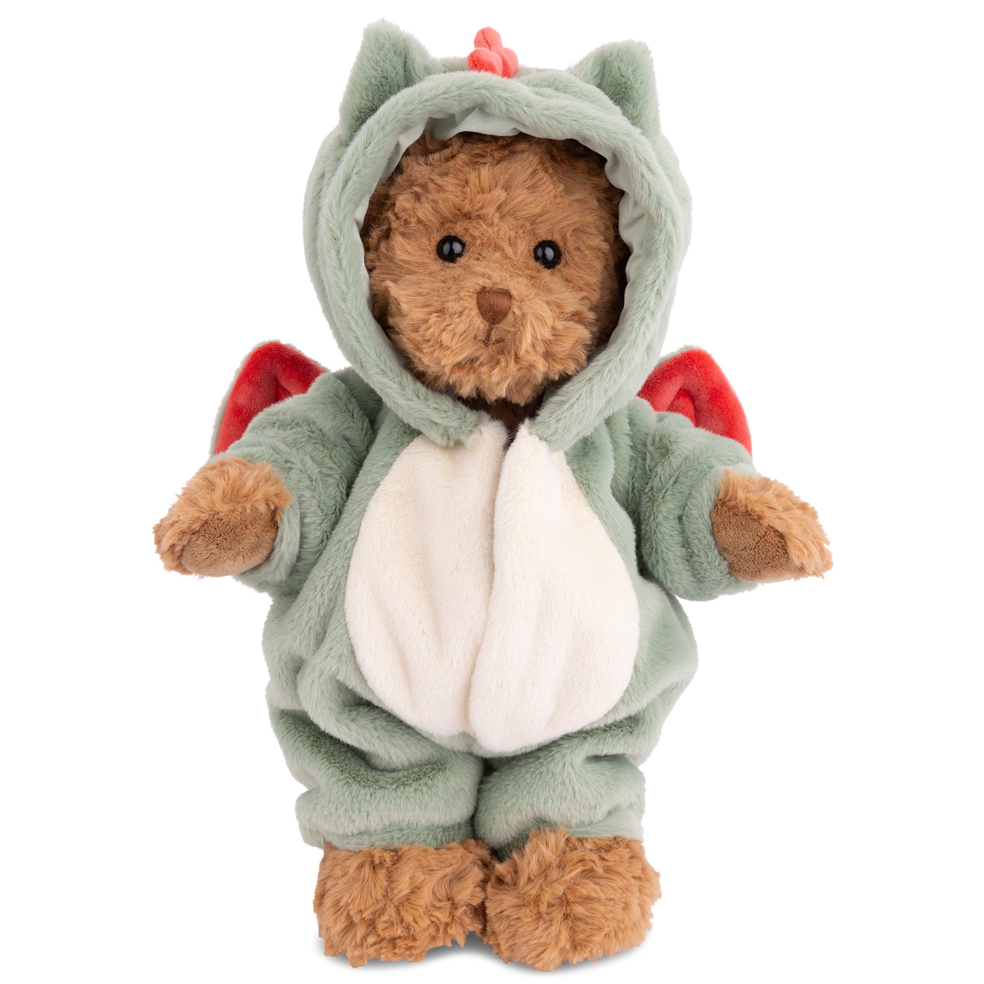 Bukowski Bears Bjorn Dragon plush wearing a sage green dragon costume with a white belly patch and red wings.