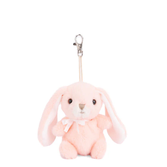Bouncy Bunny Bag Charm in soft peach by Bukowski Bears, featuring long floppy ears and a metal clip.