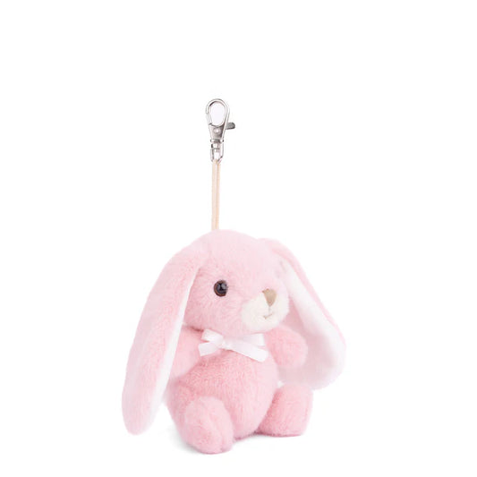 Bouncy Bunny Bag Charm in strawberry pink by Bukowski Bears, featuring long floppy ears and a metal clip.