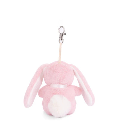 Bouncy Bunny Bag Charm in strawberry pink by Bukowski Bears, featuring long floppy ears and a metal clip.
