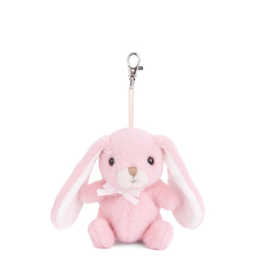Bouncy Bunny Bag Charm in strawberry pink by Bukowski Bears, featuring long floppy ears and a metal clip.