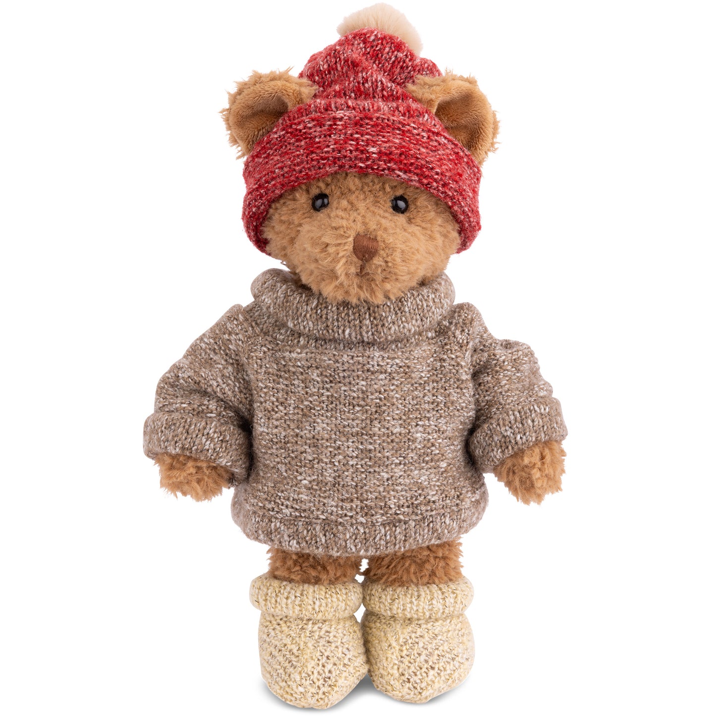 Bukowski Bears Brother Matt plush wearing a grey knit sweater, red pom-pom beanie, and cream knit boots.