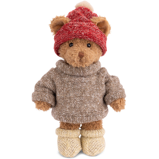 Bukowski Bears Brother Matt plush wearing a grey knit sweater, red pom-pom beanie, and cream knit boots.