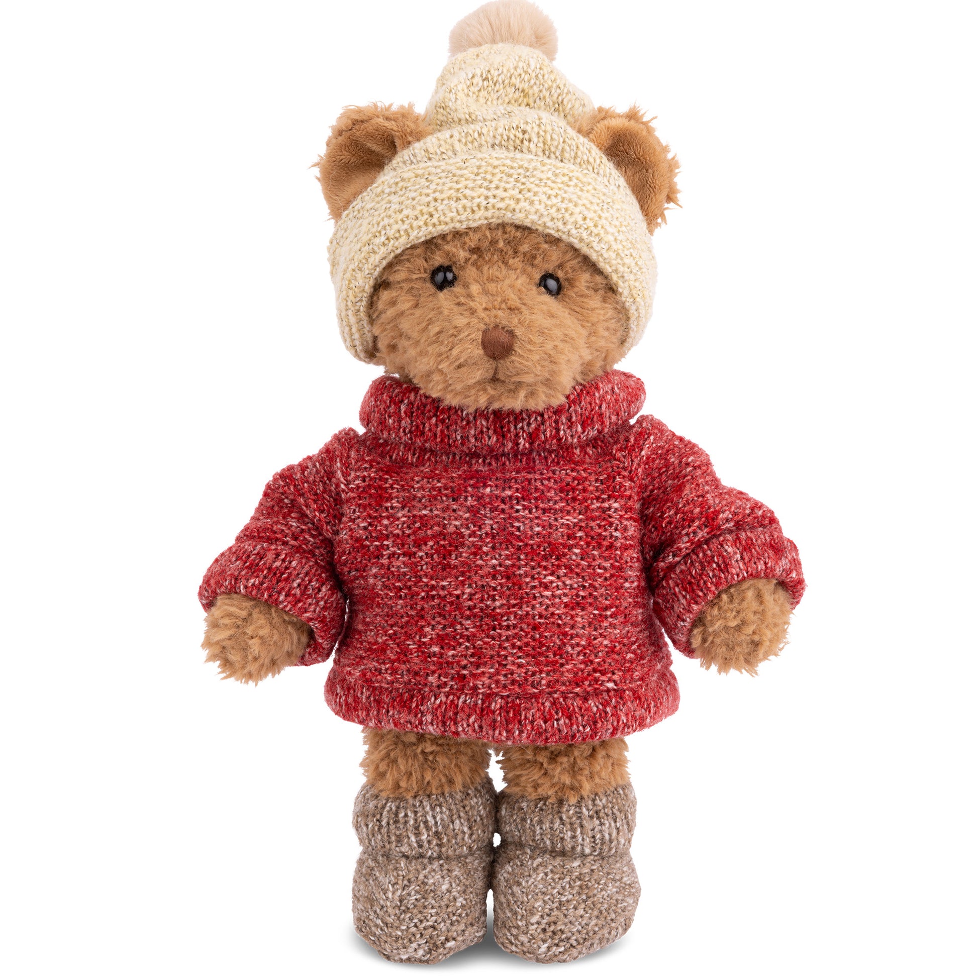 Bukowski Bears Brother Steve teddy bear plush wearing a red knit sweater, beige pom-pom beanie, and matching knit boots.