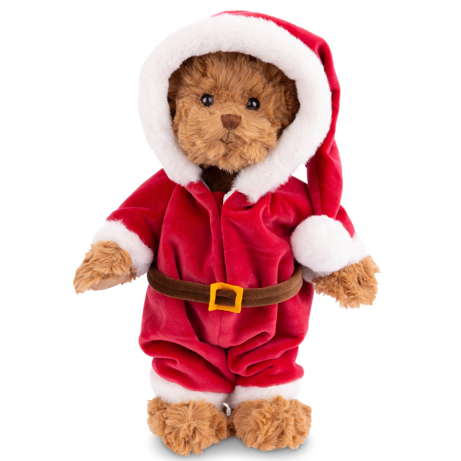 Bukowski Bears Christmas Bjorn plush standing upright wearing a red plush Santa outfit trimmed with white faux fur.