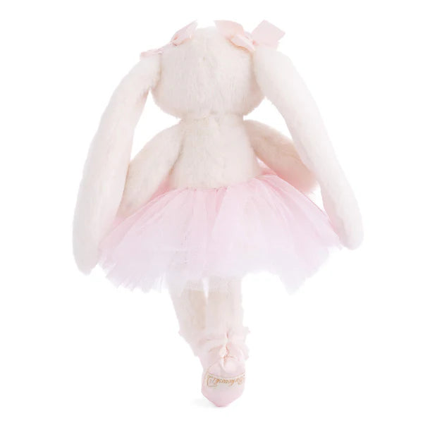 Dancing Jayleen the white ballerina bunny plush by Bukowski Bears, wearing a light pink tutu and matching bows on her ears.